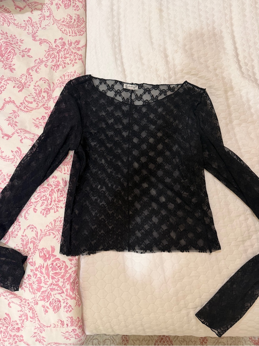 Free People Black Lace Long-Sleeve Sheer Blouse with Bow Pattern